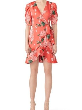 KEEPSAKE the Label Coral Floral Wrap Mini Dress with Puff Sleeves and Ruffle Hem